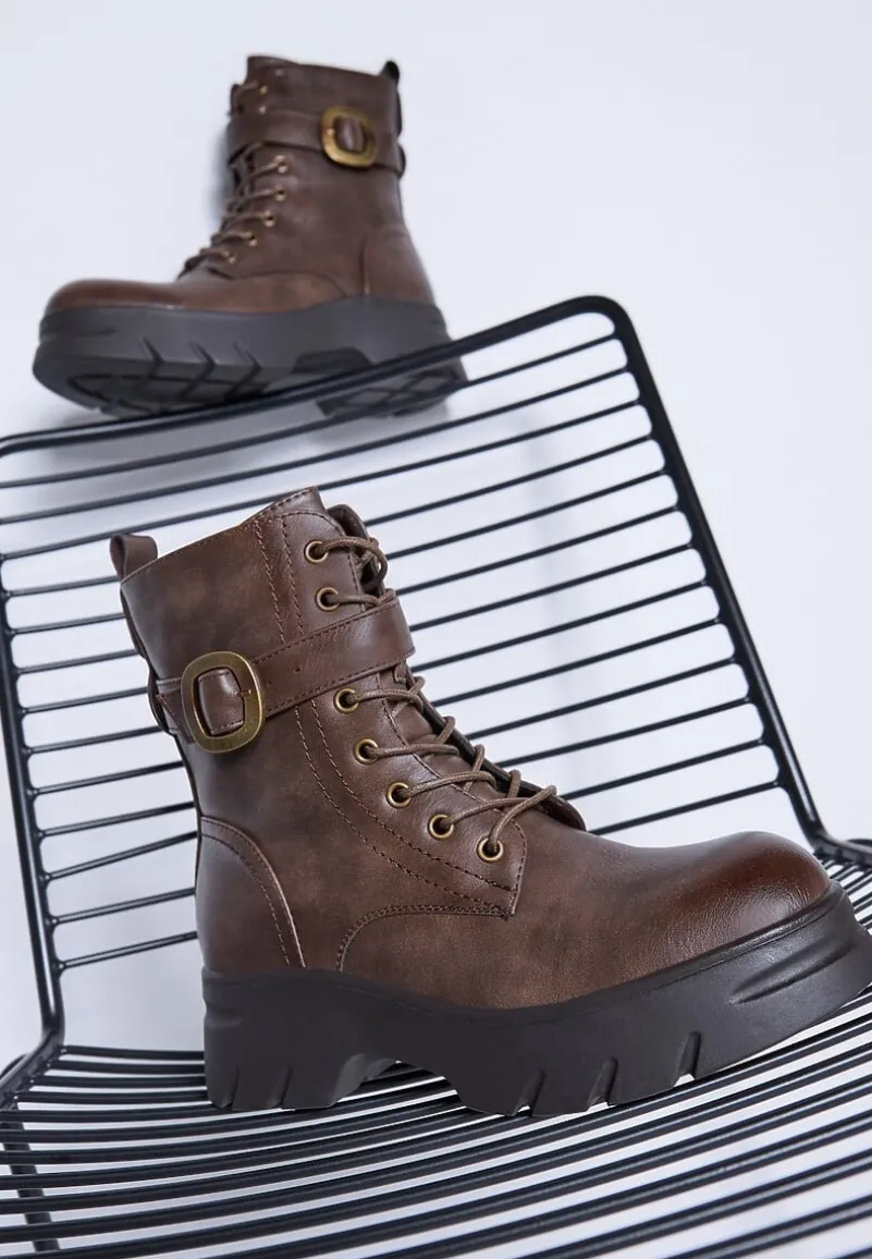 Ciemnobeżowe Botki w Stylu Workerów na Grubej Podeszwie Berimona