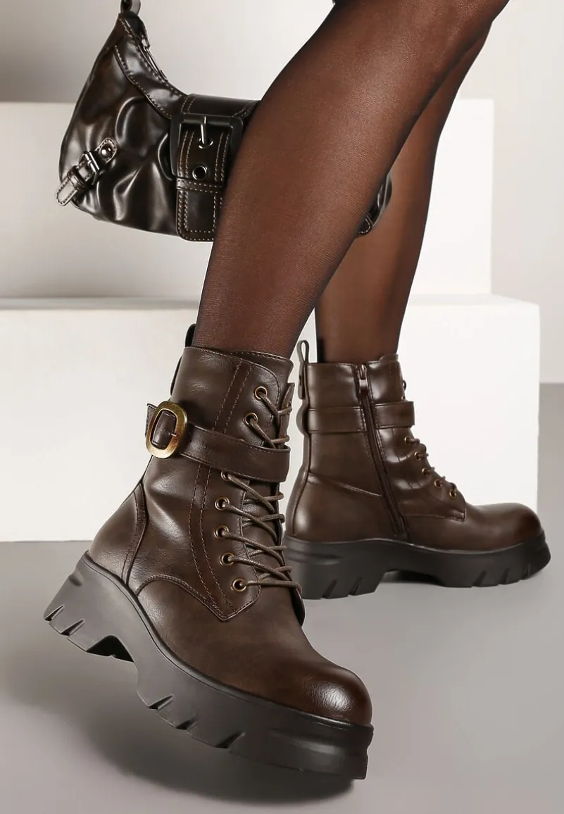 Ciemnobeżowe Botki w Stylu Workerów na Grubej Podeszwie Berimona