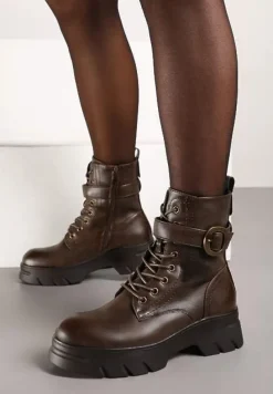 Ciemnobeżowe Botki w Stylu Workerów na Grubej Podeszwie Berimona