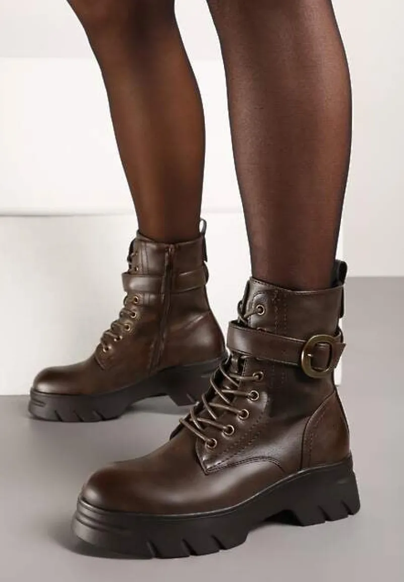 Ciemnobeżowe Botki w Stylu Workerów na Grubej Podeszwie Berimona