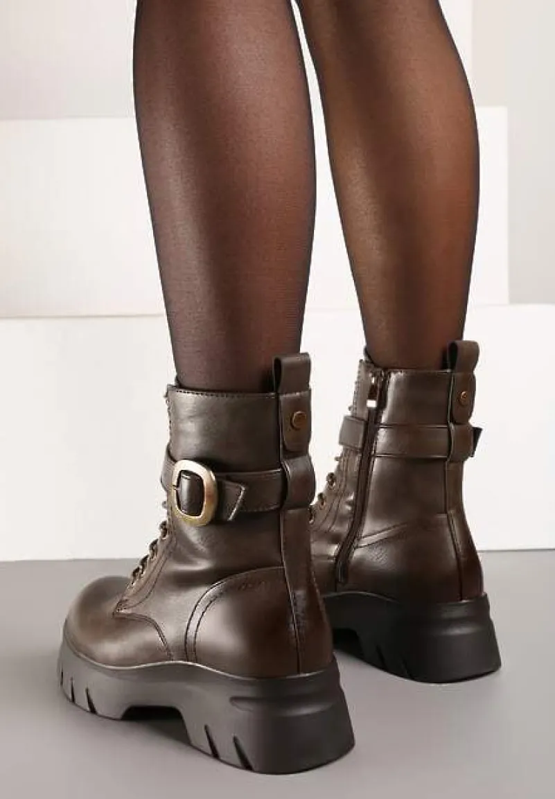 Ciemnobeżowe Botki w Stylu Workerów na Grubej Podeszwie Berimona