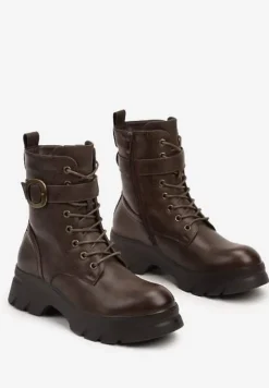 Ciemnobeżowe Botki w Stylu Workerów na Grubej Podeszwie Berimona