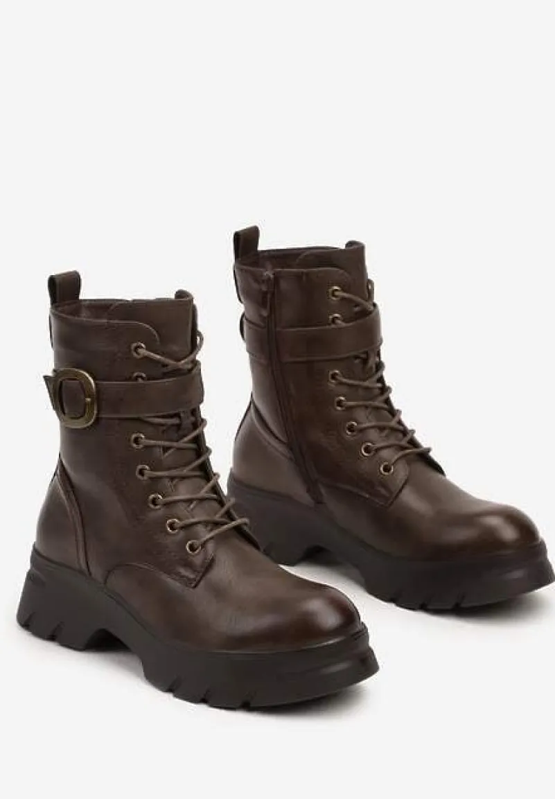 Ciemnobeżowe Botki w Stylu Workerów na Grubej Podeszwie Berimona