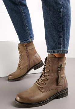 Ciemnobeżowe Botki Workery Ozdobione Suwakiem i Wstawkami z Imitacji Zamszu Esanotte