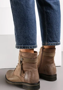 Ciemnobeżowe Botki Workery Ozdobione Suwakiem i Wstawkami z Imitacji Zamszu Esanotte