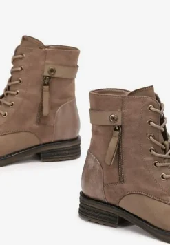 Ciemnobeżowe Botki Workery Ozdobione Suwakiem i Wstawkami z Imitacji Zamszu Esanotte