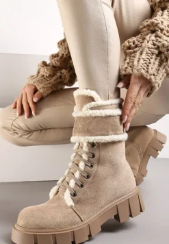 Ciemnobeżowe Botki Workery z Futrzanymi Lamówkami Freekolo