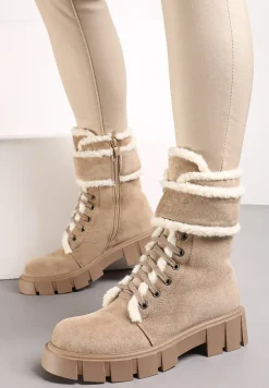 Ciemnobeżowe Botki Workery z Futrzanymi Lamówkami Freekolo