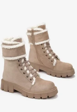 Ciemnobeżowe Botki Workery z Futrzanymi Lamówkami Freekolo