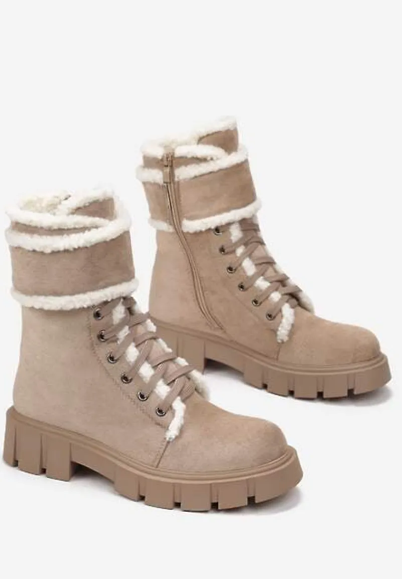 Ciemnobeżowe Botki Workery z Futrzanymi Lamówkami Freekolo
