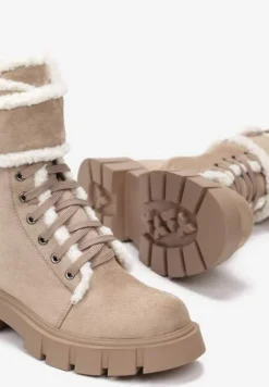 Ciemnobeżowe Botki Workery z Futrzanymi Lamówkami Freekolo