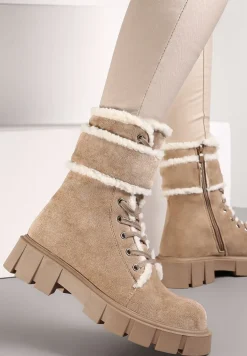Ciemnobeżowe Botki Workery na Grubej Podeszwie z Futerkiem Valiro