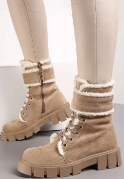 Ciemnobeżowe Botki Workery na Grubej Podeszwie z Futerkiem Valiro