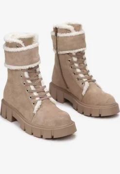 Ciemnobeżowe Botki Workery na Grubej Podeszwie z Futerkiem Valiro