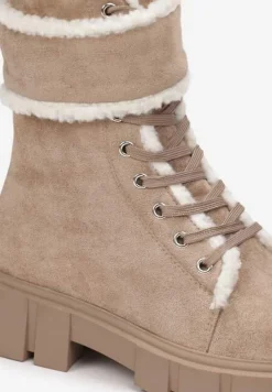 Ciemnobeżowe Botki Workery na Grubej Podeszwie z Futerkiem Valiro