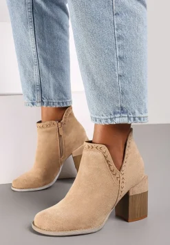 Ciemnobeżowe Botki Wykończone Wycięciem i Przeszyciami Terilisa