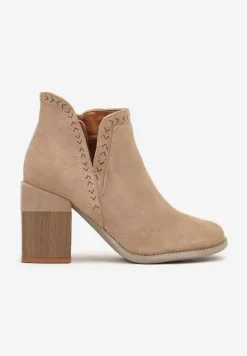 Ciemnobeżowe Botki Wykończone Wycięciem i Przeszyciami Terilisa