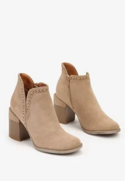 Ciemnobeżowe Botki Wykończone Wycięciem i Przeszyciami Terilisa