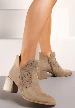 Ciemnobeżowe Botki z Ażurową Cholewką ze Skórzaną Wkładką i Noskiem w Szpic Voilaria