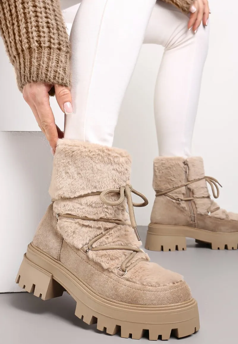 Ciemnobeżowe Botki z Futerkiem na Platformie z Ozdobnym Wiązaniem Cotara