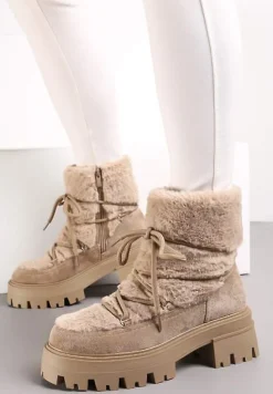 Ciemnobeżowe Botki z Futerkiem na Platformie z Ozdobnym Wiązaniem Cotara