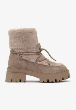 Ciemnobeżowe Botki z Futerkiem na Platformie z Ozdobnym Wiązaniem Cotara