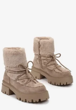 Ciemnobeżowe Botki z Futerkiem na Platformie z Ozdobnym Wiązaniem Cotara