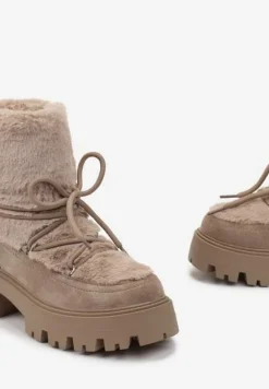 Ciemnobeżowe Botki z Futerkiem na Platformie z Ozdobnym Wiązaniem Cotara