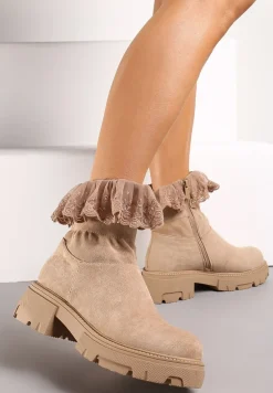 Ciemnobeżowe Botki z Haftowaną Koronką Evoria