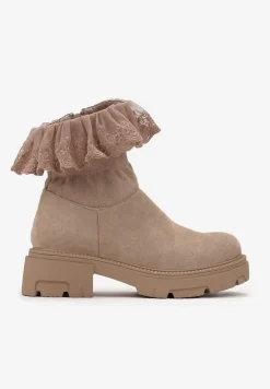 Ciemnobeżowe Botki z Haftowaną Koronką Evoria