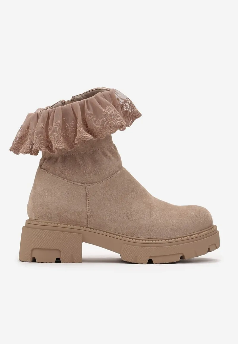 Ciemnobeżowe Botki z Haftowaną Koronką Evoria