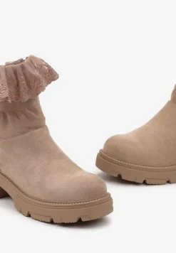 Ciemnobeżowe Botki z Haftowaną Koronką Evoria