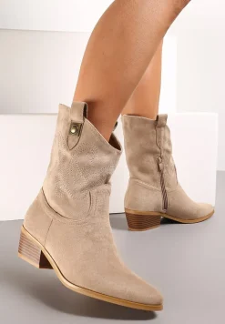 Ciemnobeżowe Botki z Imitacji Zamszu na Płaskim Obcasie z Haftowaniem Davonia