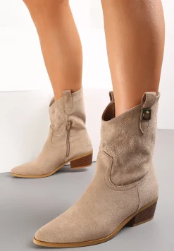 Ciemnobeżowe Botki z Imitacji Zamszu na Płaskim Obcasie z Haftowaniem Davonia