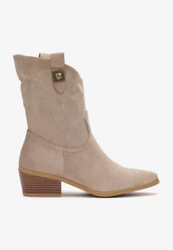 Ciemnobeżowe Botki z Imitacji Zamszu na Płaskim Obcasie z Haftowaniem Davonia