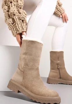 Ciemnobeżowe Botki z Imitacji Zamszu z Futerkiem i Płaską Podeszwą Cegia