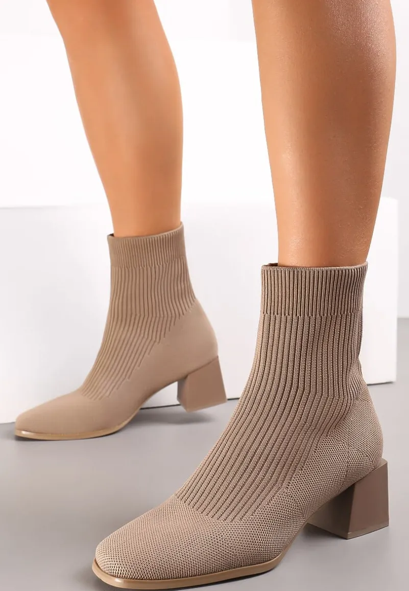 Ciemnobeżowe Botki za Kostkę z Elastycznego Materiału na Geometrycznym Słupku Aidara