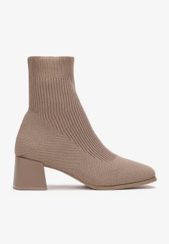 Ciemnobeżowe Botki za Kostkę z Elastycznego Materiału na Geometrycznym Słupku Aidara