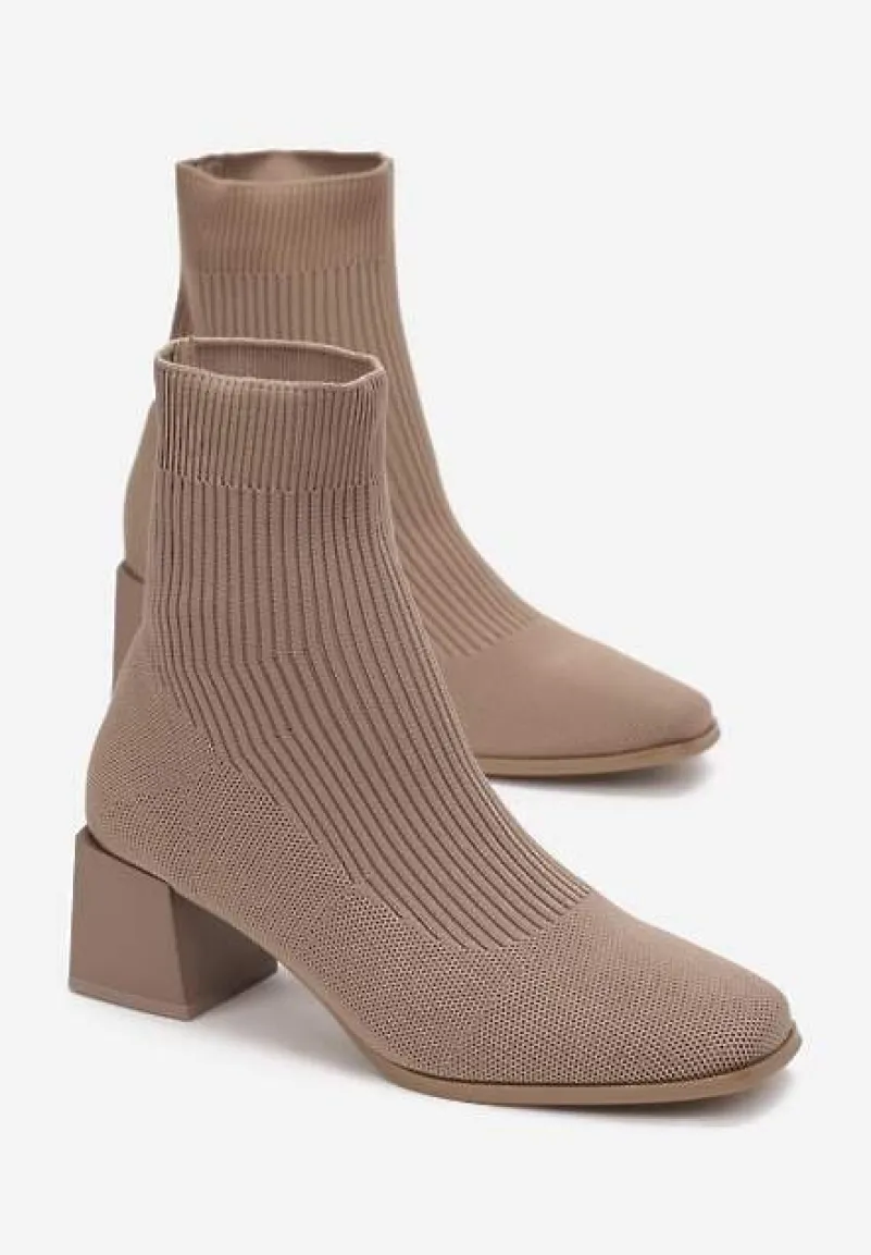 Ciemnobeżowe Botki za Kostkę z Elastycznego Materiału na Geometrycznym Słupku Aidara