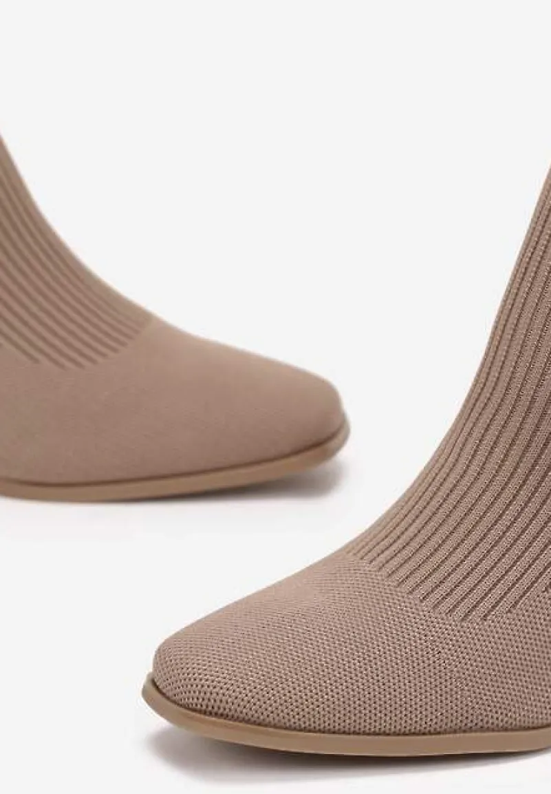 Ciemnobeżowe Botki za Kostkę z Elastycznego Materiału na Geometrycznym Słupku Aidara