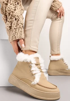 Ciemnobeżowe Botki za Kostkę na Grubej Podeszwie Ozdobione Futerkiem Nulzame