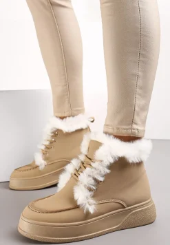 Ciemnobeżowe Botki za Kostkę na Grubej Podeszwie Ozdobione Futerkiem Nulzame