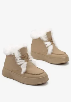 Ciemnobeżowe Botki za Kostkę na Grubej Podeszwie Ozdobione Futerkiem Nulzame