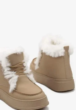 Ciemnobeżowe Botki za Kostkę na Grubej Podeszwie Ozdobione Futerkiem Nulzame