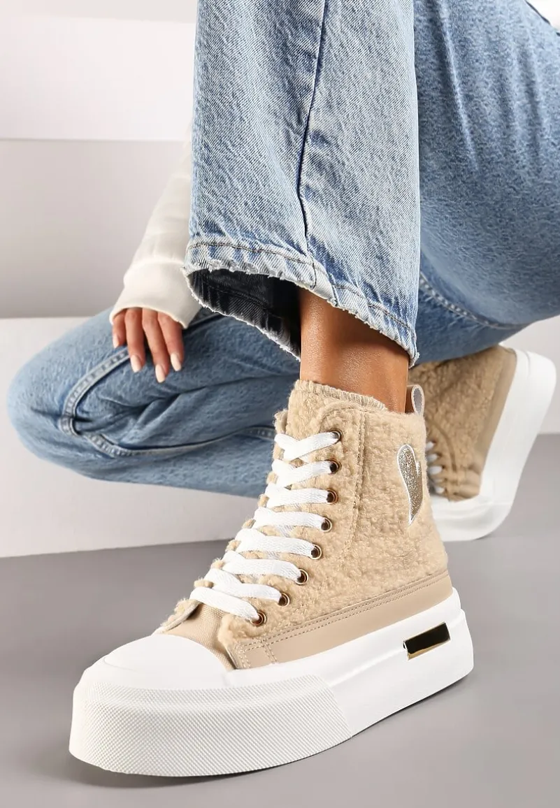 Ciemnobeżowe Brokatowe Trampki na Platformie z Cholewką za Kostkę Nevirosa