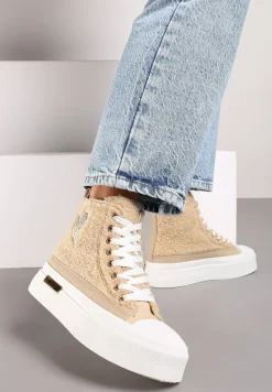 Ciemnobeżowe Brokatowe Trampki na Platformie z Cholewką za Kostkę Nevirosa