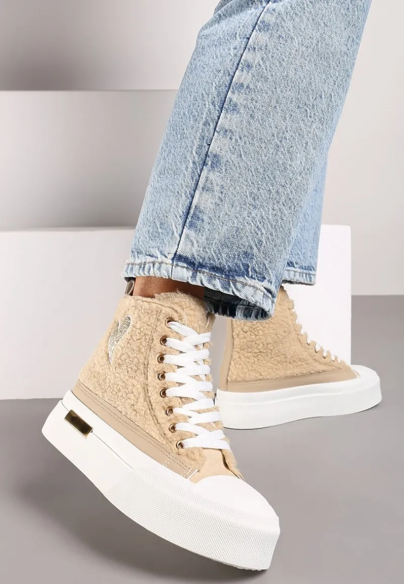 Ciemnobeżowe Brokatowe Trampki na Platformie z Cholewką za Kostkę Nevirosa