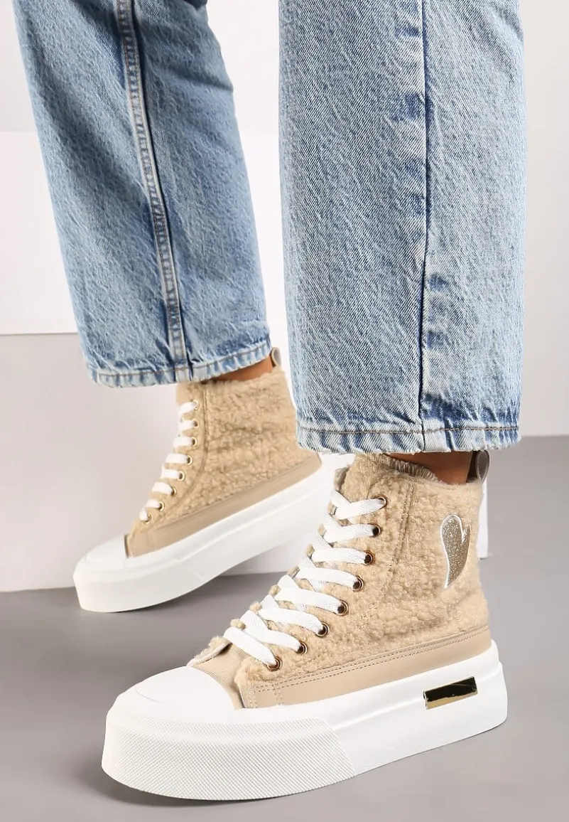 Ciemnobeżowe Brokatowe Trampki na Platformie z Cholewką za Kostkę Nevirosa