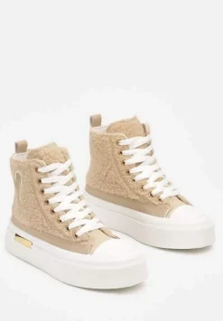 Ciemnobeżowe Brokatowe Trampki na Platformie z Cholewką za Kostkę Nevirosa