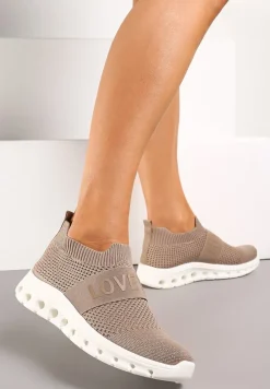 Ciemnobeżowe Buty Sportowe z Napisem LOVE i Elastyczną Cholewką Alaissa